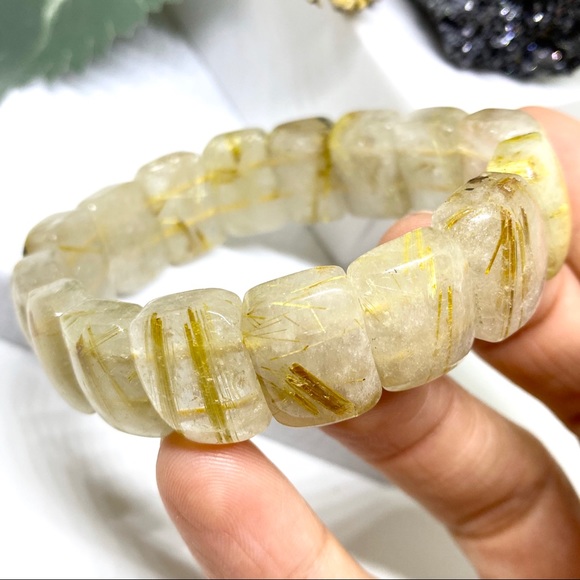 Hair of Venus Semi Precious Golden Rutile Quartz Gemstone Crystal Bracelet - Picture 13 of 16